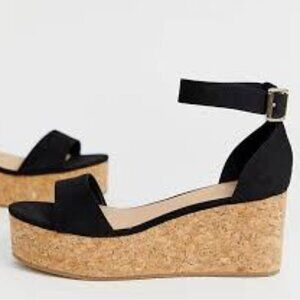 New Look Suedette Flat Form Cork Ankle Strap Black Platform Sandal Size 8